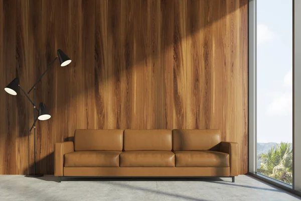 Wooden living room, brown sofa