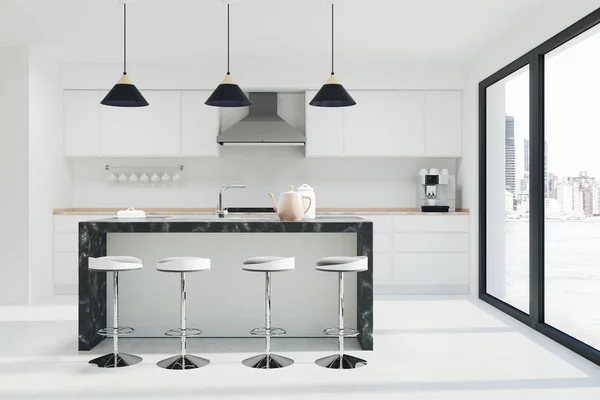 White kitchen interior, dark marble bar — Stock Photo, Image