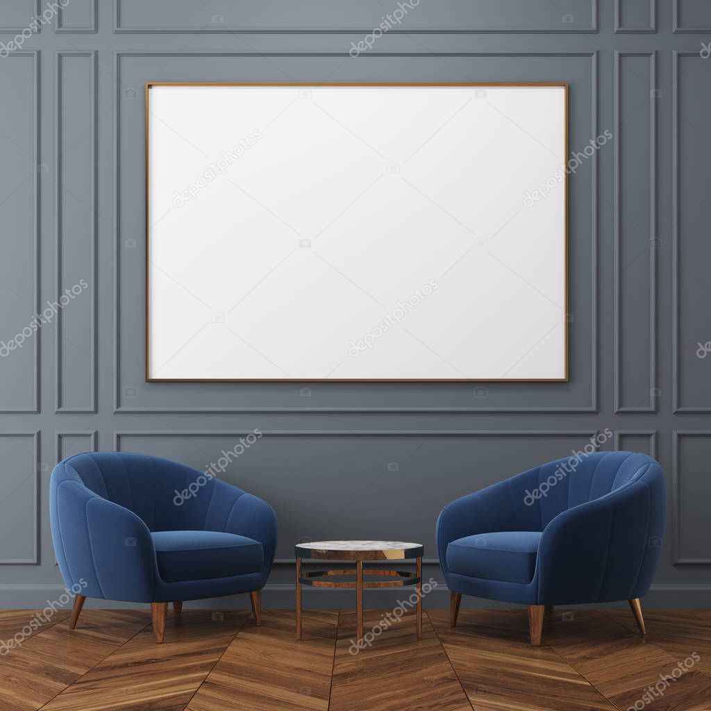 Gray living room, blue armchairs, poster