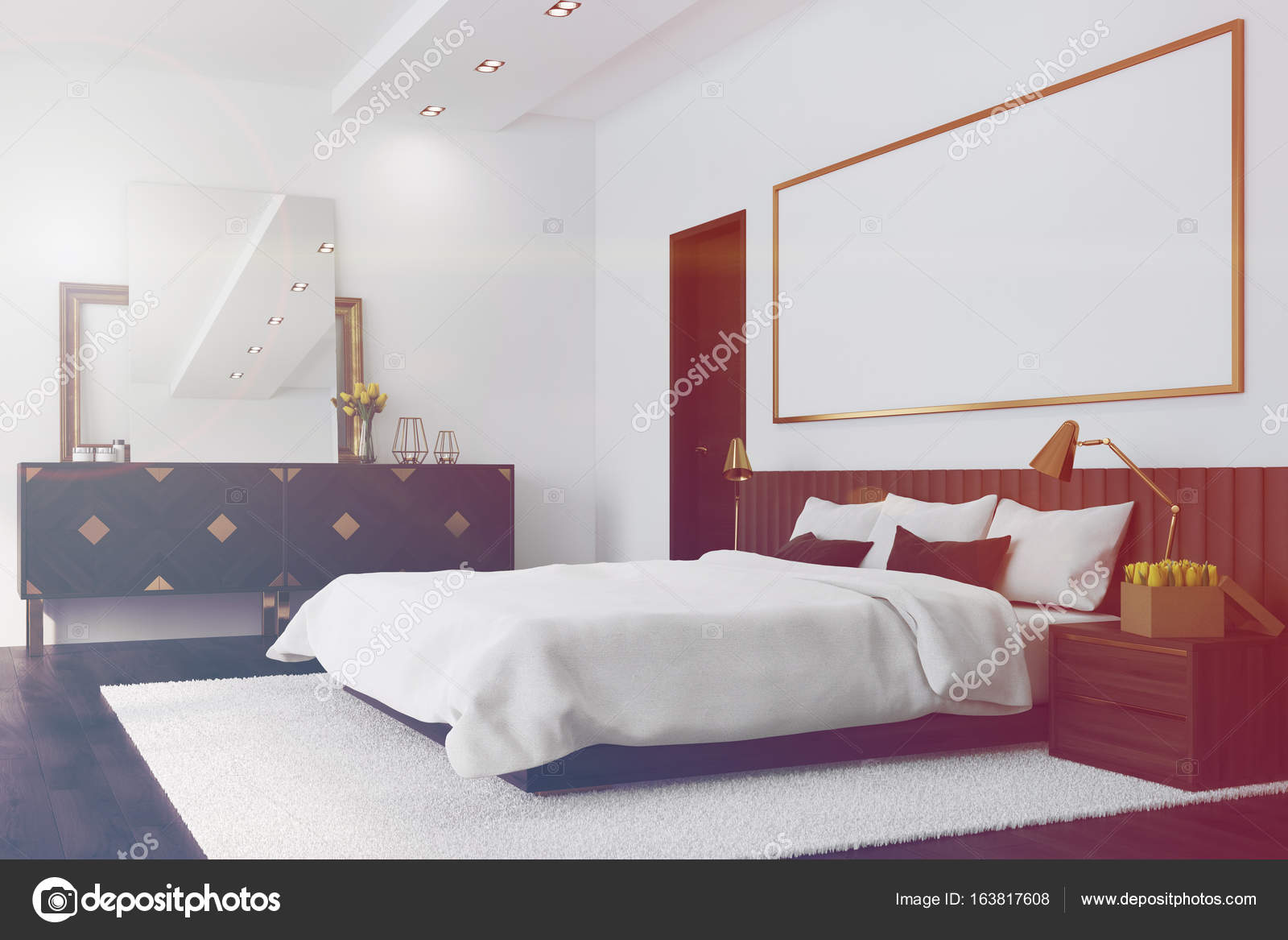 Weißes Schlafzimmer mit einem Poster, Ecke getönt — Stockfoto ... Weißes Schlafzimmer mit einem Poster, Ecke getönt — Stockfoto ...