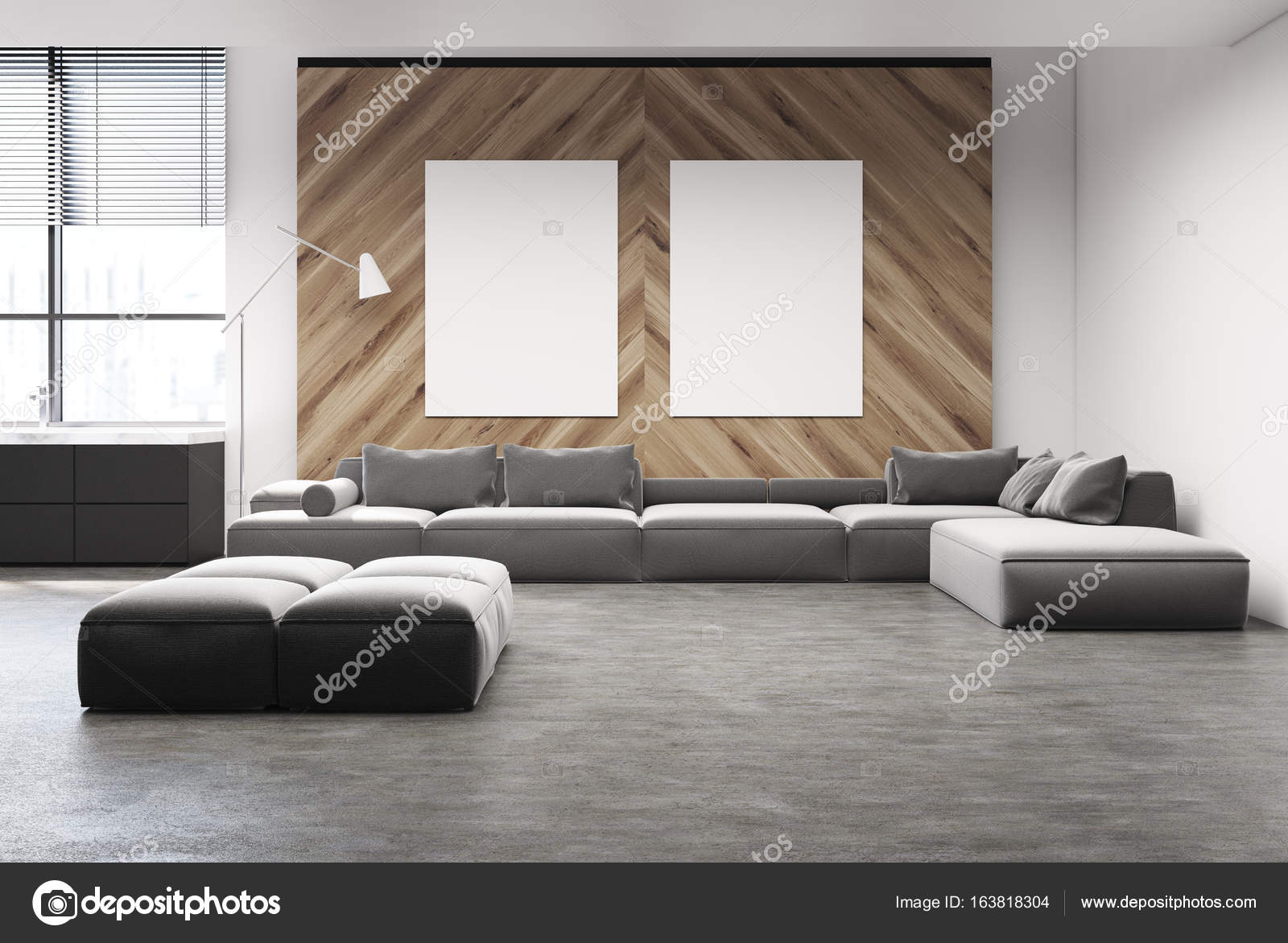GrÃ¥ soffa vardagsrum med tvÃ¥ affischer — stockfotografi ...