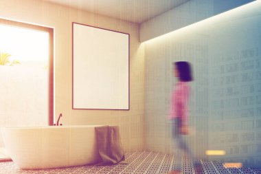 Beyaz banyo, küvet, poster köşe, kız yuvarlak