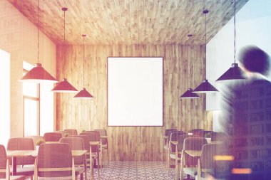 Beyaz Cafe, ahşap tavan, poster, insanlar