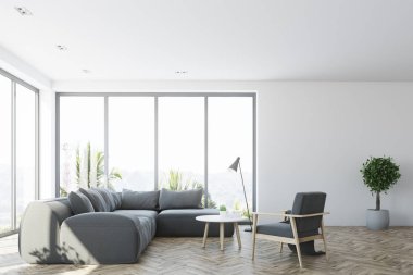 Beyaz ile gri bir kanepe, oturma odası iç ön