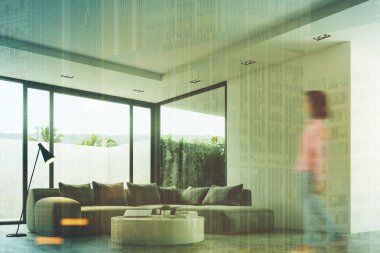 Oturma odası yuvarlak masa, kanepe, köşe, kadın