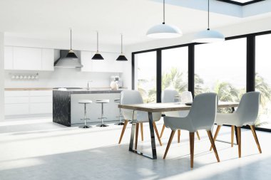 Beyaz mutfak iç, karanlık mermer bar, yan