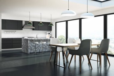 Beyaz mutfak iç, karanlık köşe bar mermer