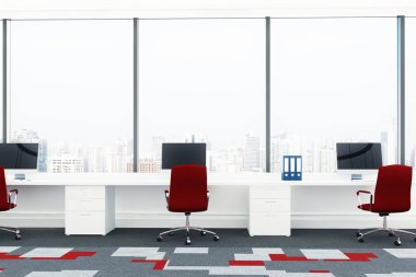 Kırmızı sandalye, önden görünüm ile açık ofis