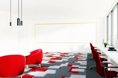 Kırmızı sandalye, beyaz tahta ile açık ofis