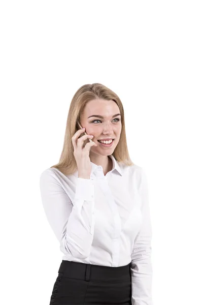 Изолированный портрет блондинки-предпринимательницы по телефону — стоковое фото