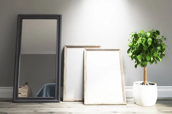 Luz gris salón interior, espejo, carteles — Foto de Stock