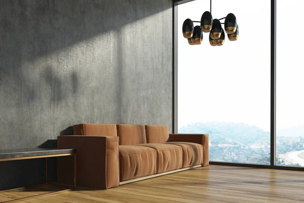 Sala de estar de concreto, sofá marrom — Fotografia de Stock