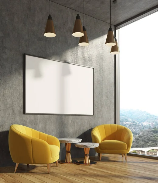 Concrete living room, yellow armchairs, poster