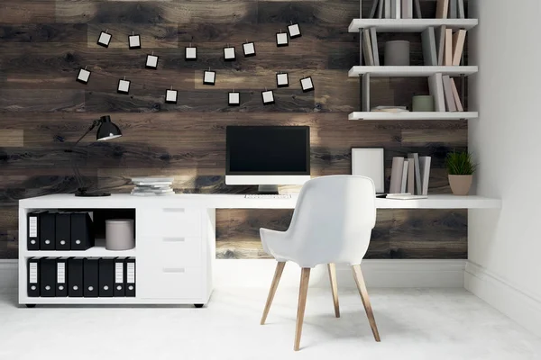 黑暗的木制家庭办公室，白色椅子 — 图库照片