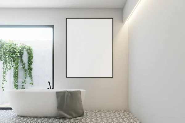 White bathroom, round tub, poster, plant — Stock Photo, Image