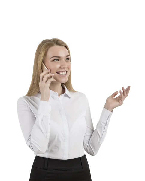 Femme d'affaires blonde gaie au téléphone, isolée — Photo