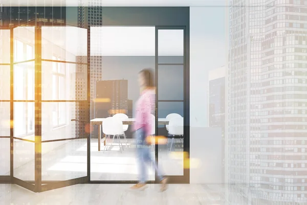 Dining room with an unusual door, girl — Stock Photo, Image