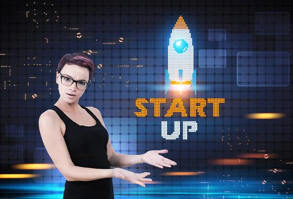 Confused woman in glasses, start up rocket