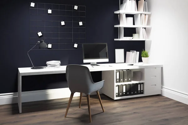 Black wall home office, white chair