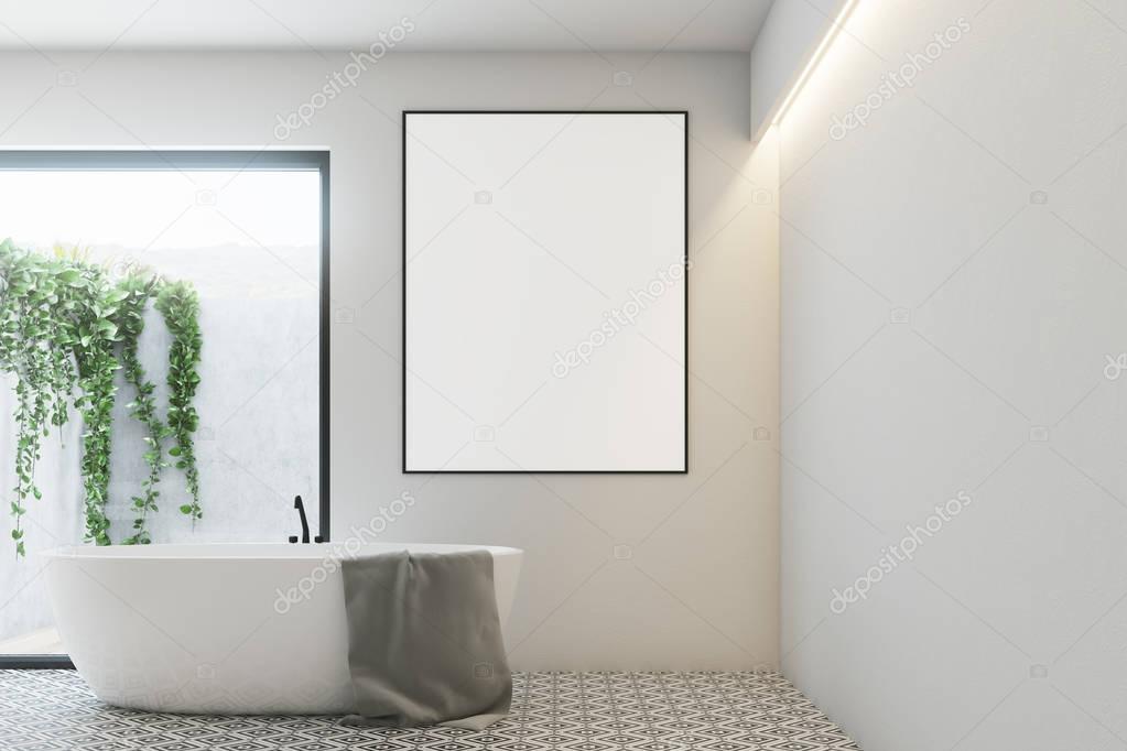 White bathroom, round tub, poster, plant