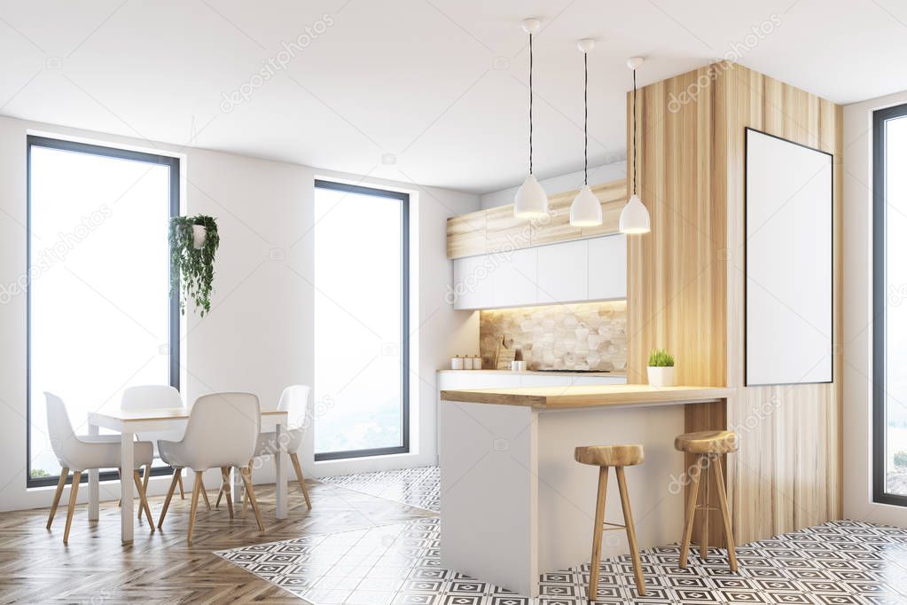 Modern white and wooden kitchen, poster