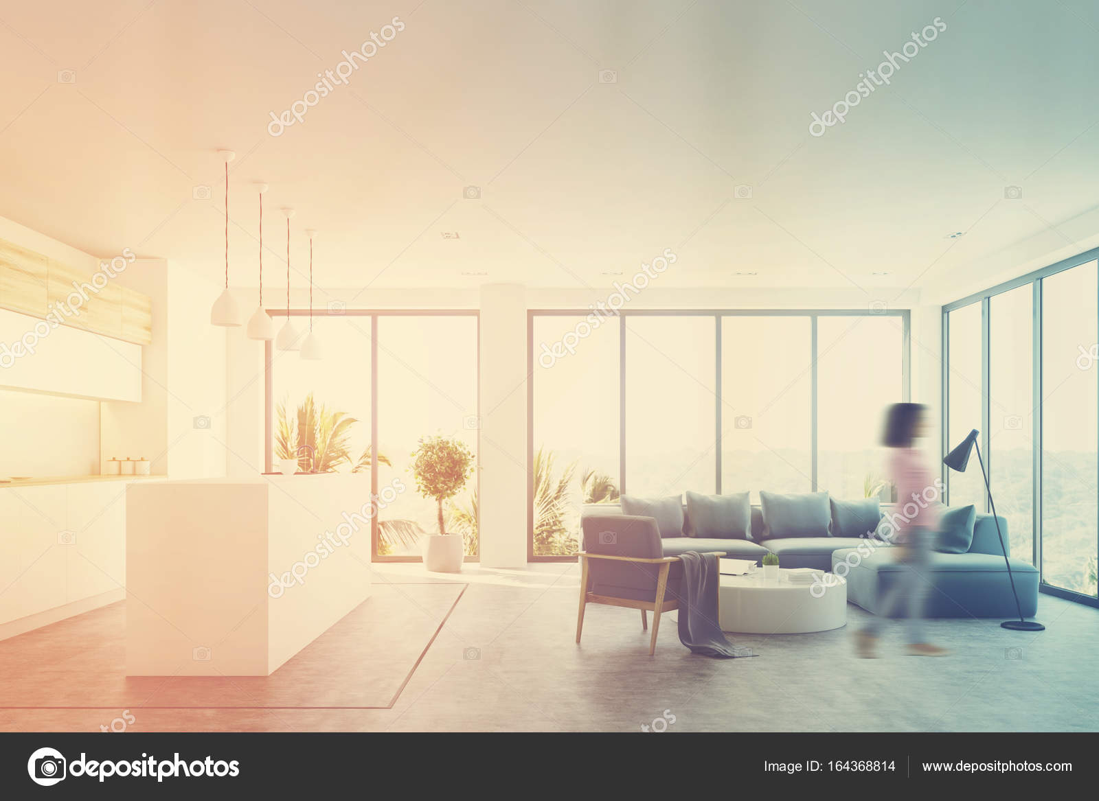Wit woonkamer interieur met een bar, blauw, meisje — Stockfoto ... Wit woonkamer interieur met een bar, blauw, meisje — Stockfoto ...