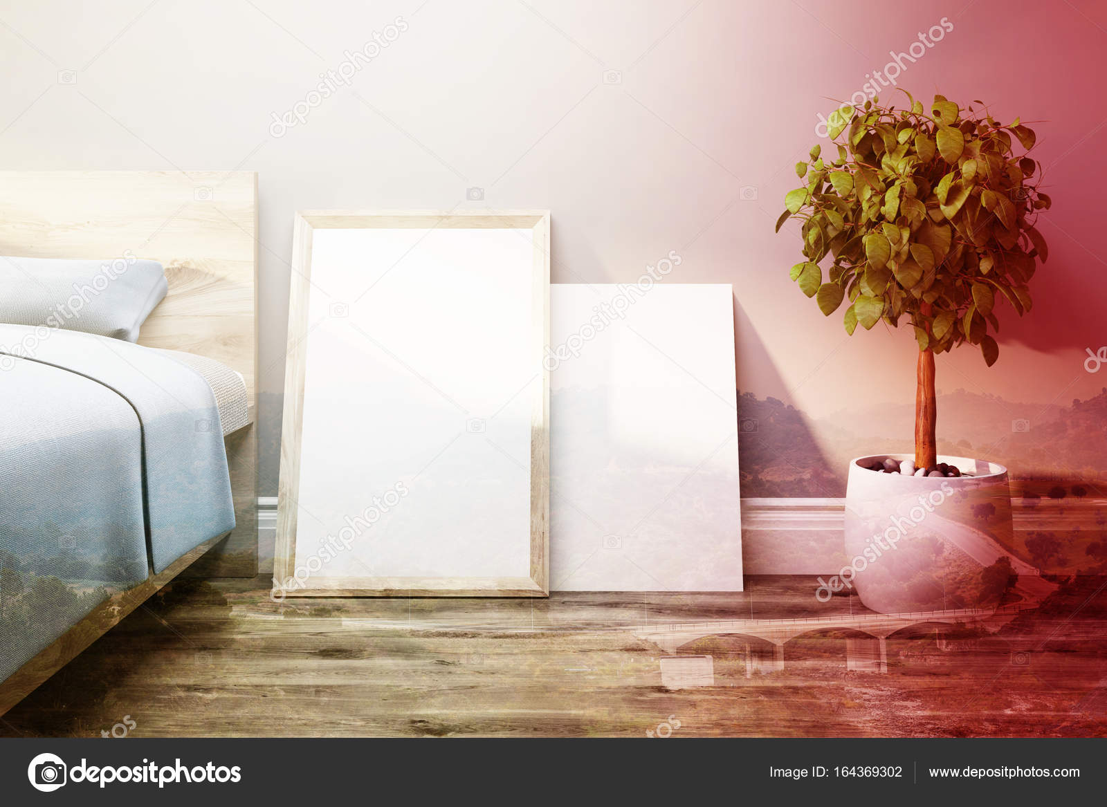 Slaapkamer met posters en een boom, afgezwakt — Stockfoto ... Slaapkamer met posters en een boom, afgezwakt — Stockfoto ...
