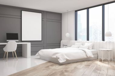 Beyaz yatak odası iç bir bilgisayarla köşe