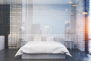 Beyaz yatak odası iç, açık görmek Çift Kişilik