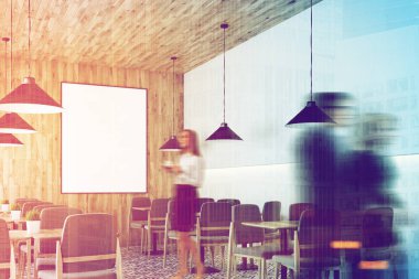 Beyaz Cafe, ahşap tavan, poster, insanlar, yan