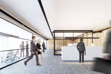 Tahta ve cam ofis, beyaz bir Resepsiyon, insanlar