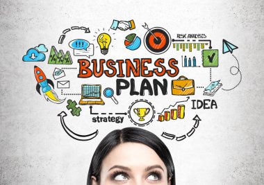 Young woman s head and a business plan clipart
