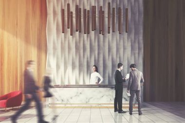 Mermer ve ahşap Resepsiyon ofis, insanlar