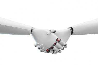 İki beyaz robotlar tokalaşırken, beyaz