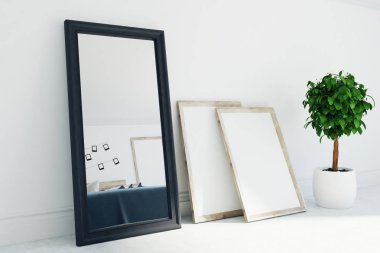 Gri oturma odası iç, ayna, posterler, yan