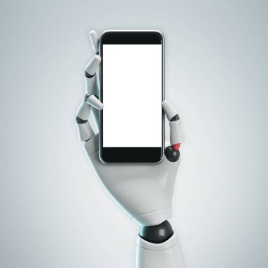 Beyaz robot el ile bir smartphone, gri