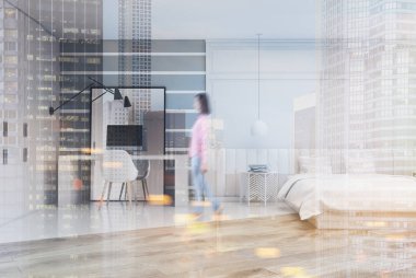 Bir ev ofis tonda gri ve beyaz yatak odası