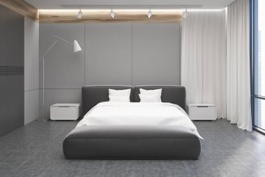 Gri ve beyaz yatak odası iç