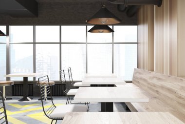 Ahşap kafe iç, yan görünüm