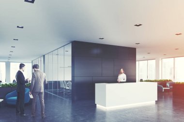 Siyah ahşap ofis, beyaz Resepsiyon, yan, erkekler
