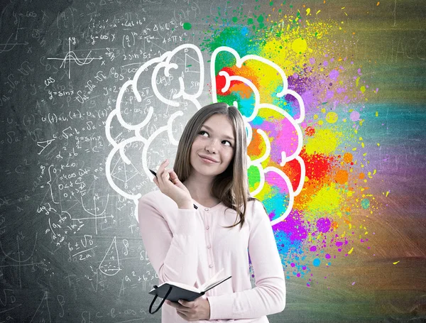 Vrouw met een planner, kleurrijke hersenen schets — Stockfoto