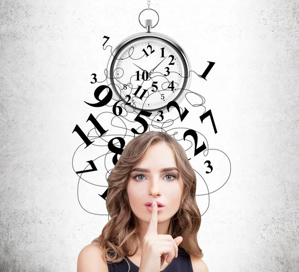 Woman making a hush sign, time management — Stock Photo, Image