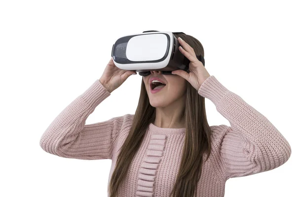 Mujer asombrada en gafas VR, aislada — Foto de Stock