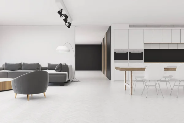 Sala de estar branca com poltrona cinza, cozinha — Fotografia de Stock