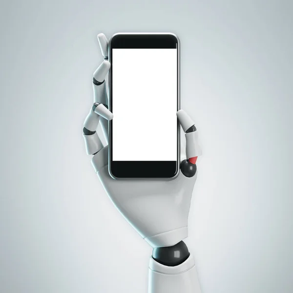 Mano robot blanca con smartphone, gris —  Fotos de Stock