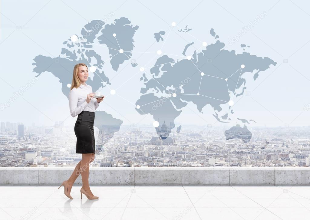 Blonde woman with a coffee cup, roof, world