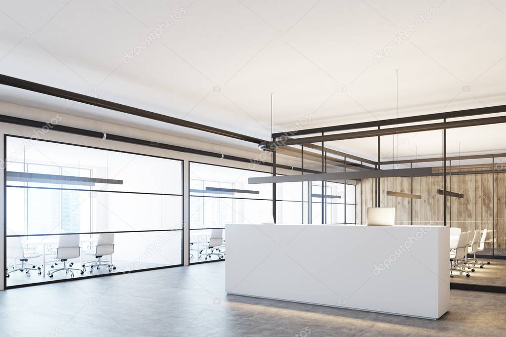 Wooden office with a white reception, corner