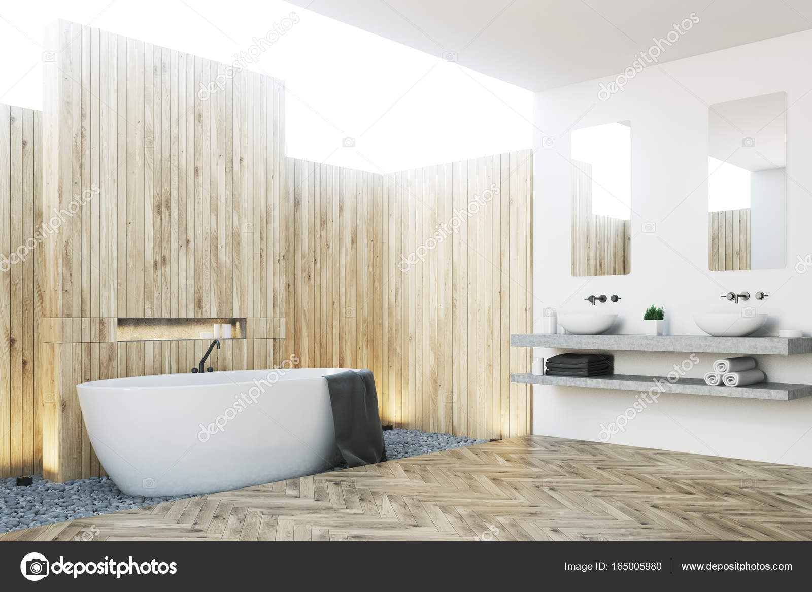 Houten badkamer interieur, dubbele wastafel, kant — Stockfoto ... Houten badkamer interieur, dubbele wastafel, kant — Stockfoto ...