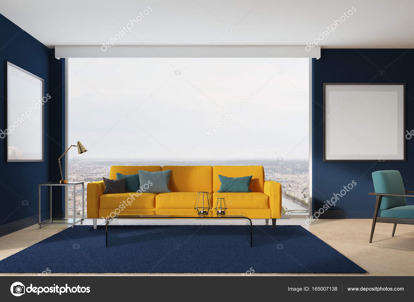 Gelbes Sofa, blaues Wohnzimmer - Stockfotografie: lizenzfreie Fotos