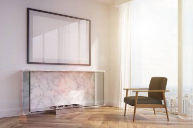 Beyaz oturma odası, şömine, tonda siyah tekli